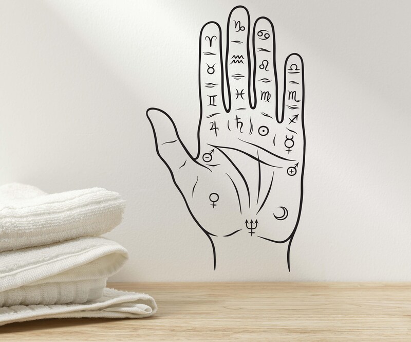 Palmistry Hand Decal, Chiromancy Palm Sticker, Zodiac Decal, Yoga Studio Decor, Hamsa Hand n034